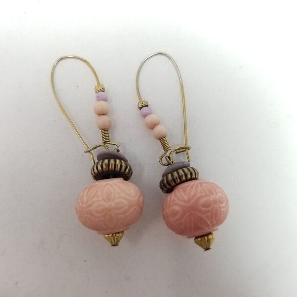 Vintage Light Pink Beaded Dangle Earrings, Boho Pastel Style Design, Estate - Picture 4 of 5